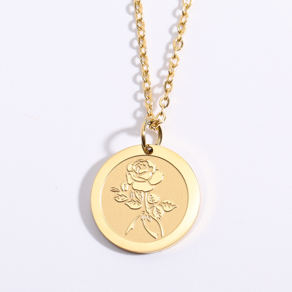 Fashion Simple Rose Pendant Print Coin Round Stainless Steel Necklace_colorza_5