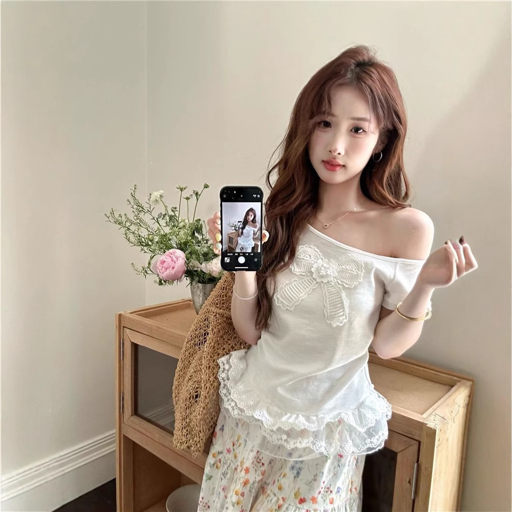White summer lace short short sleeve T-shirt with bow