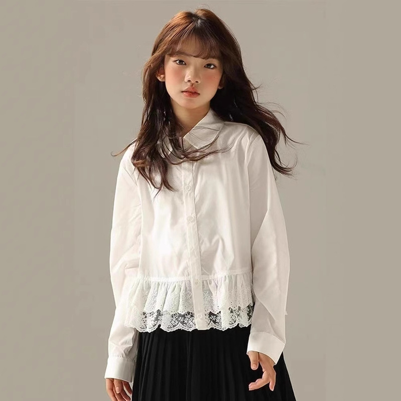 New Style Girls' Lace Shirt, Stylish Top, White Sweet Baby Doll Shirt, Spring & Fall Long-Sleeved Kidsren's Student White Lace