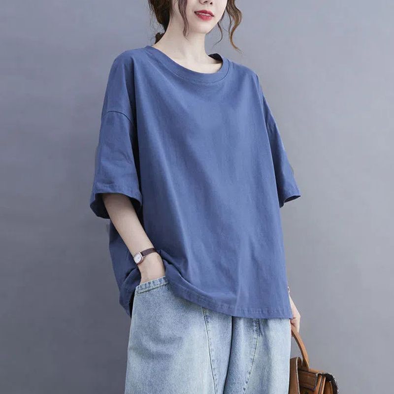 100kg Plus Size Women's Export Cut Label Cotton Flesh-Covering T-Shirt for Women Summer Loose Pure Color Short-Sleeved T-Shirt for Women