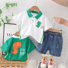 Children's Summer T-Shirt Set with Dinosaur Polo Shirts for Boys - 2023 New Summer Outfit for Kids - 2-Piece Athletic Set for Toddlers