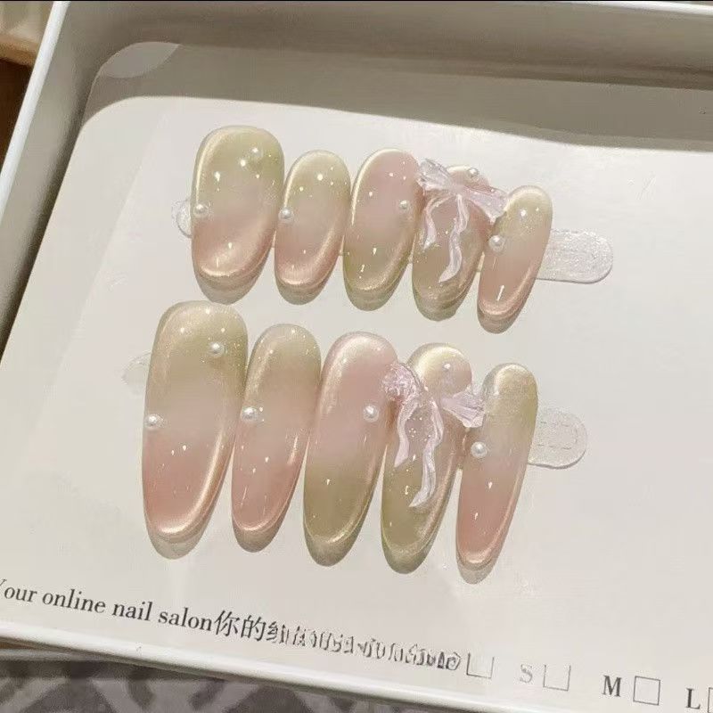 Melocotón Limina Pura hecha a mano con armadura intermitente ojo de gato degradado mariposa temperamento ligero lujo uñas de uñas removibles