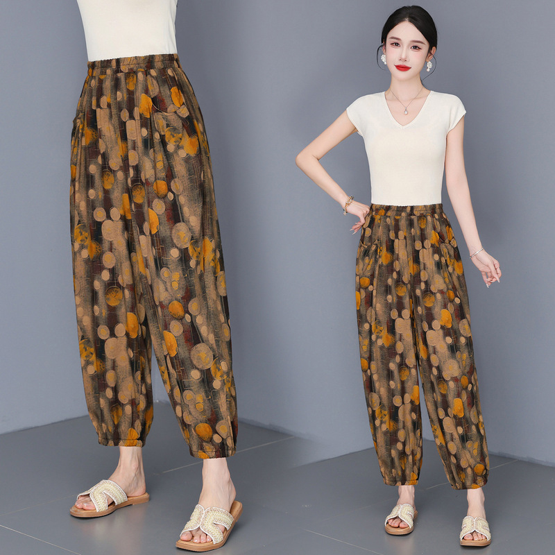 Cotton Casual Women's Pants with Pockets, Summer Plus-Size Loose Straight-Leg Cropped Pants, Drapey Elastic Waist Mom Pants Cotton Casual Women's Pants with Pockets, Summer Plus-Size Loose Straight-Leg Cropped Pants, Drapey Elastic Waist Mom Pants
