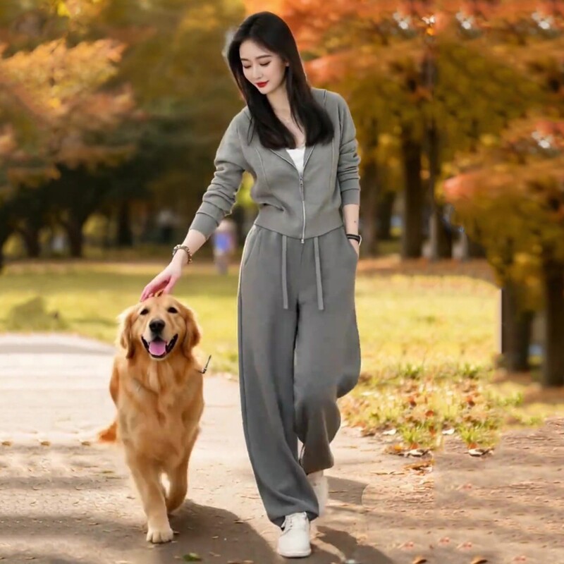High-End Gray Sports Casual Suit for Women 2026 Spring and Autumn New Style Loose Hooded Sweatshirt Wide-Leg Pants Two-Piece Set