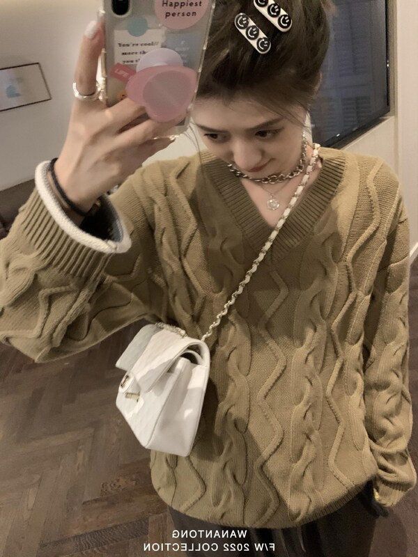 TONG Qiao Er Small Curl Casual Big Lazy Wind-moving Needle Sweater Women's Spring and Autumn Loose V-neck Pullover