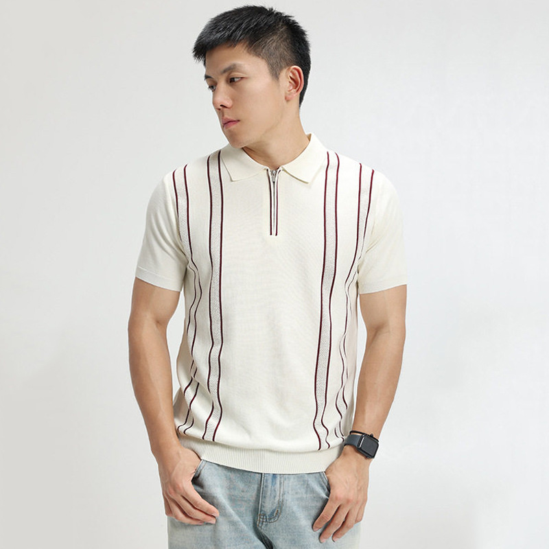 Polo camiseta camiseta de punto camiseta de manga corta camiseta de hombre solapa media cremallera rayas viejas líneas de viento de hielo de verano fábrica transfronteriza al por mayor