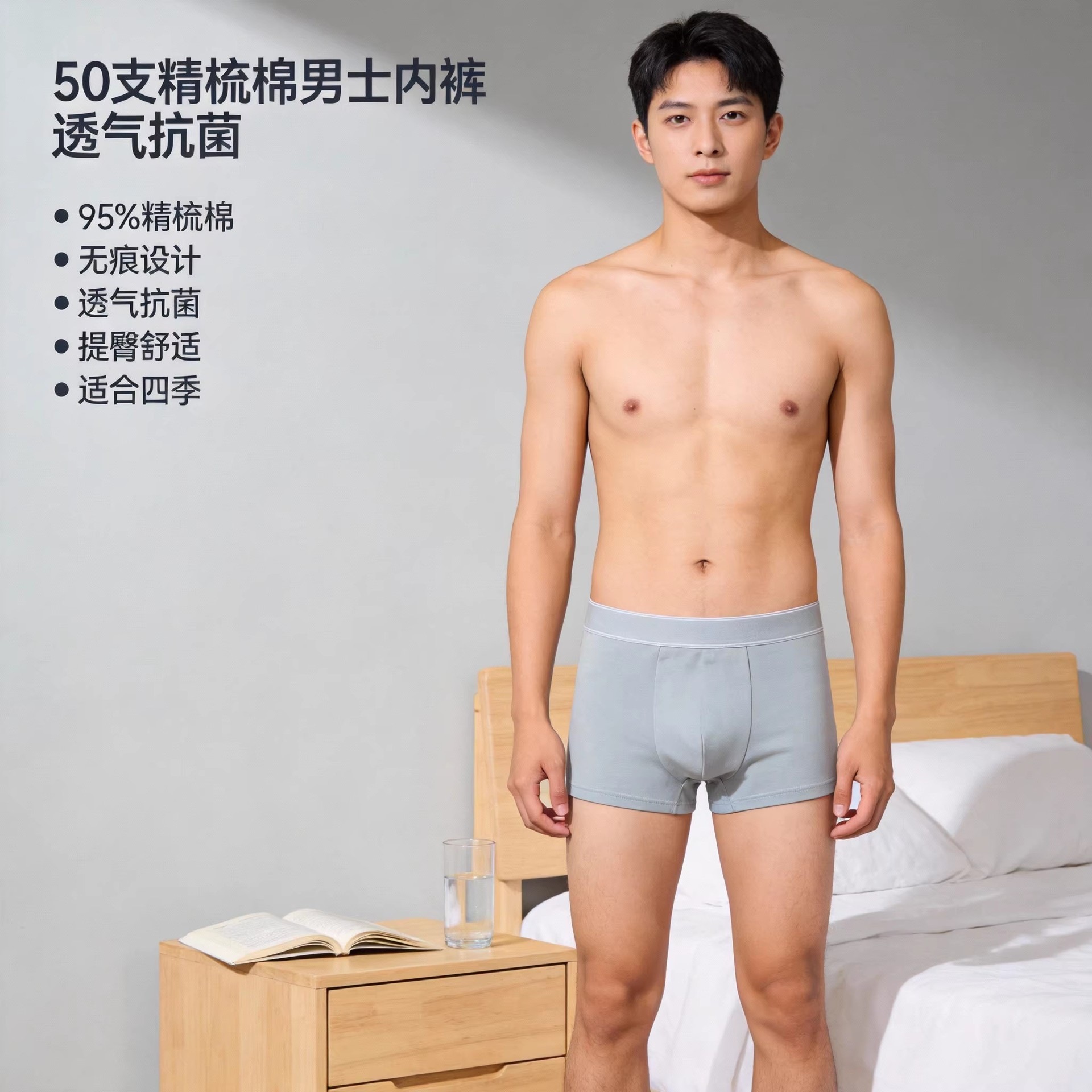 新品50支精梳棉男士内裤透气中腰男士平角裤底裤袋装现货批发舒适