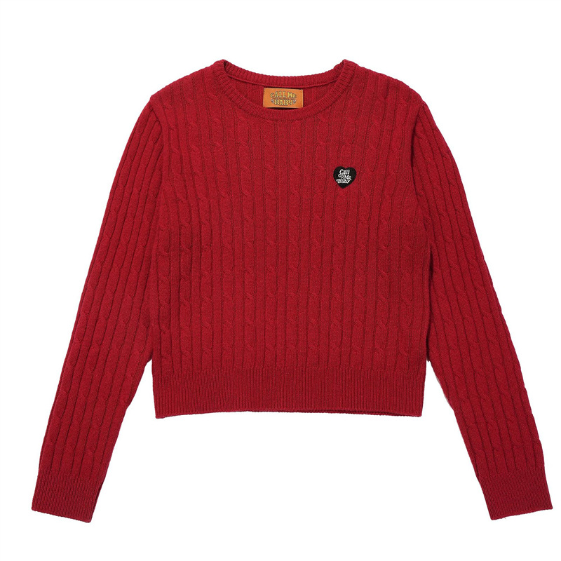 现货韩系女装callmebaby秋冬新款爱心刺绣长袖麻花针织圆领打底衫