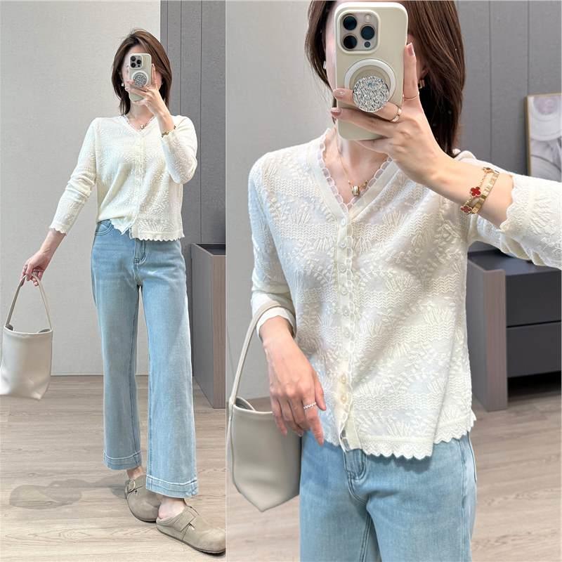 French elegance! Cream muscle embossed sweater V-neck lace organza wool small cardigan long sleeve top women