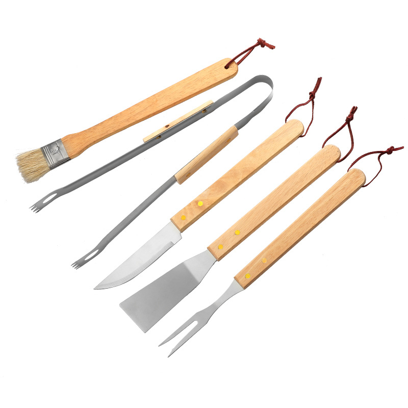 Herramientas de barbacoa de acero inoxidable mango de madera bolsa de tela para hornear cinco piezas traje al aire libre accesorios de combinación de barbacoa portátil Cepillo de aceite