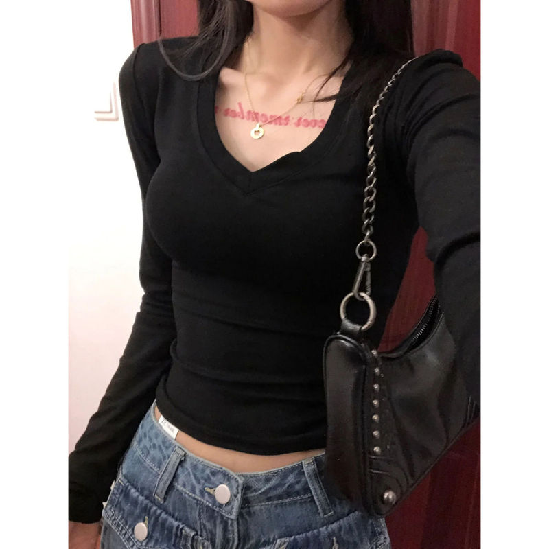 Cotton V-Neck Tight Shoulder Long-Sleeved T-Shirt Women's Inner Base Shirt Slim-Fit Slimming Tight Waist Black Short Top