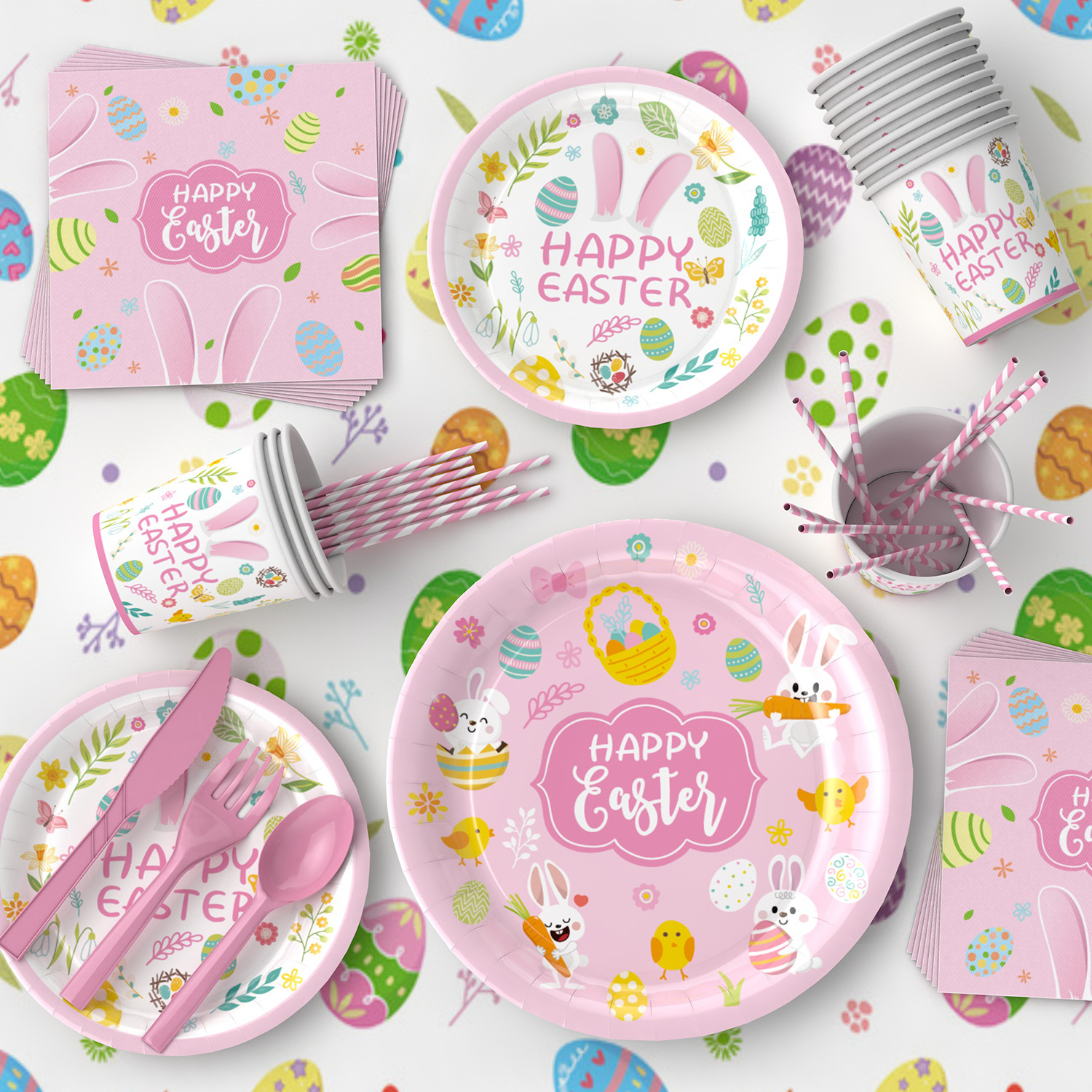 Nuevo TEMA DE Pascua fiesta Placa de papel decoración suministros conejo colorido huevo papel desechable taza mantel vajilla traje