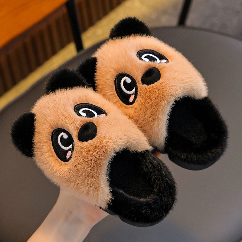 Otoño y invierno zapatillas de algodón para niños, niños y niñas, calentamiento y peluche panda en el hogar, zapatos de algodón para niños pequeños y medianos
