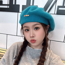 兔毛贝雷帽女秋冬季韩系百搭灰色画家帽复古铁标显脸小毛线蓓蕾帽