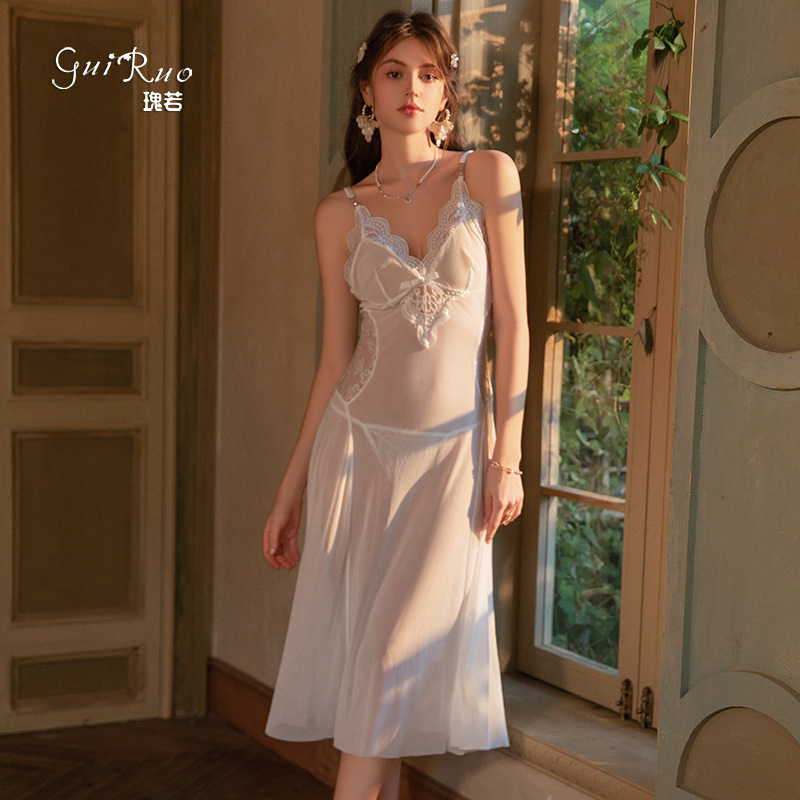 Rose-Themed Lingerie Set with Sheer Mesh Nightgown, Lace Splicing, Deep V-Neck, Long Nightdress, and Robe Set 6067