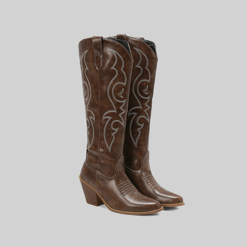 Stivali da cowboy da donna Stivali da cowboy alti e appuntiti da ragazza ricamati, stivali rusticali vintage con tacco spesso e cerniera laterale_voghion.com