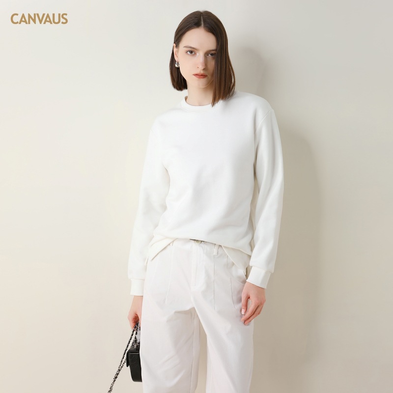 CANVAUS Otoño e Invierno suéter recto forrado de lana de las Mujeres Nuevo cuello redondo casual manga larga color sólido pullover Coat