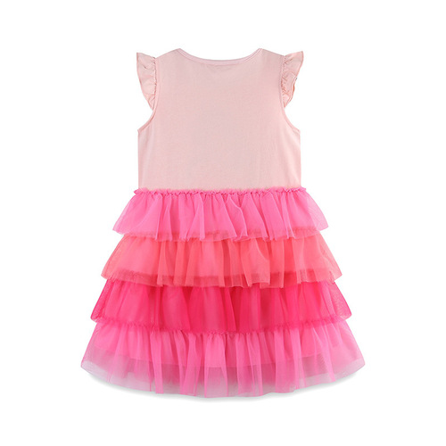 2024 Western and European Style Girls' Short-Sleeve Dress Summer Cartoon Patchwork Crew Neck Girl Sheer Dress Cute Princess Dress