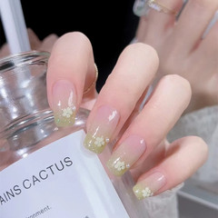 B619漸變青提穿戴甲中長方頭清新夏季手工小花顯白美甲假指甲貼片