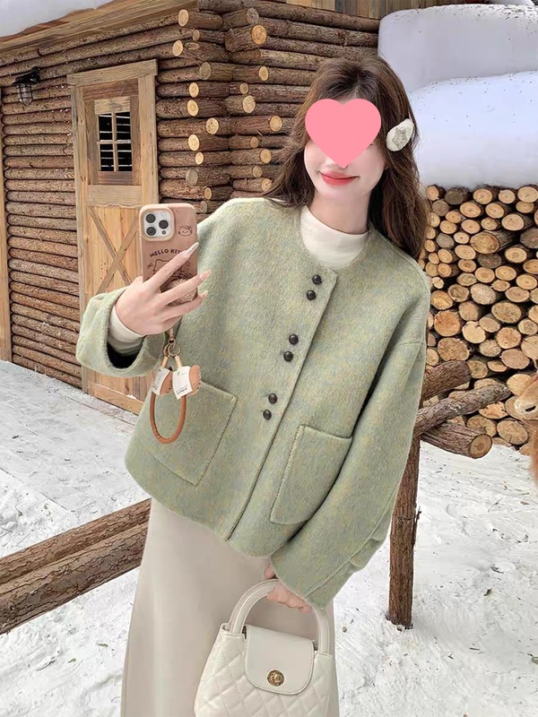 跨境绿色双面羊绒大衣女短5新韩版时尚排宽松百搭毛呢外套黄色炭|undefined