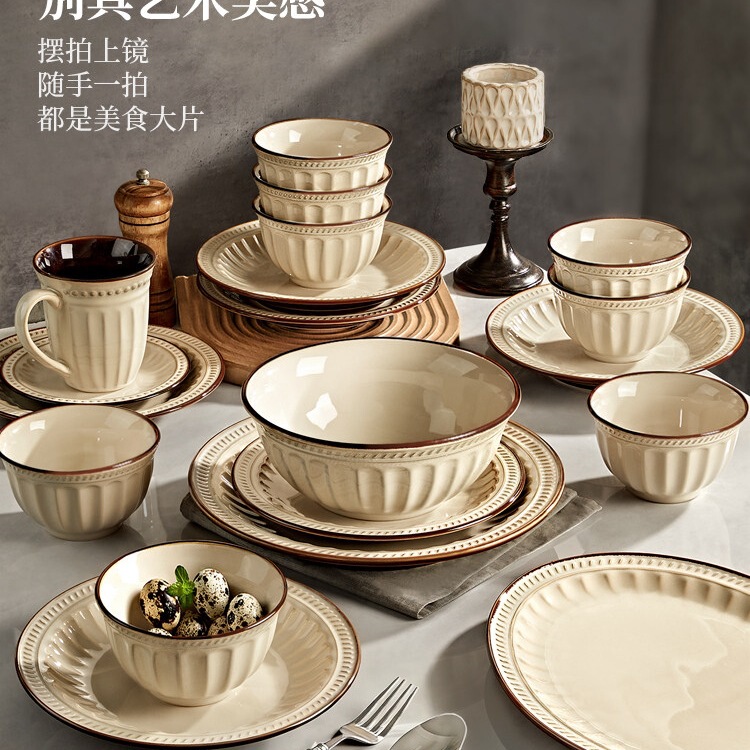 Light Luxury Style Bowl and Plate Set, Household Tableware, Vintage Ceramic Bowls and Chopsticks, Retro Dinnerware, Housewarming Bowls and Plates