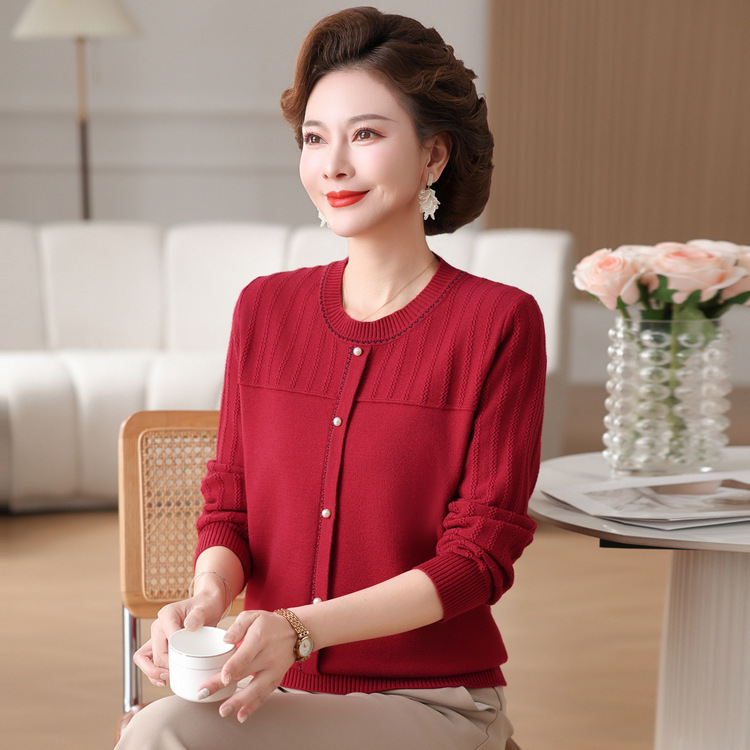 2025新款妈妈春装时尚圆领薄款毛衣中老年女装长袖T恤打底上衣服|undefined