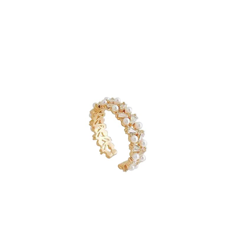 Luxury Zircon Pearl Open Ring For Women Double Row Design_voghion.com