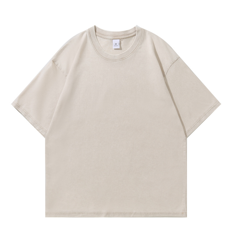 Pesado 240G algodón de manga corta cuello redondo suelto y desgastado algodón lavado de manga corta camiseta hombres y mujeres diseño retro americano