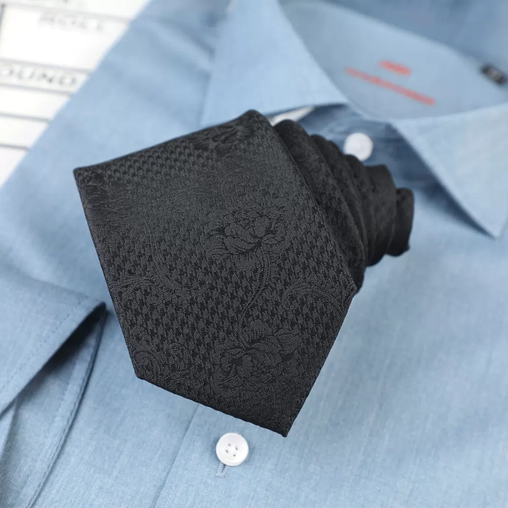 男士商务桑蚕丝7cm领带正装职业领部配饰休闲黑色暗纹领带新郎