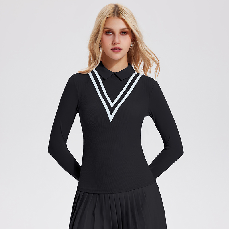 Trajes deportivos de tenis con solapa, mangas largas, falda corta, ejercicio, yoga, golf, tenis de dos piezas.