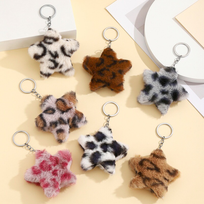 European and American Hot-Selling Plush Star Keychain Pendant Leopard Print Five-Pointed Star Women's Bag Retro Car Accessories Pendant