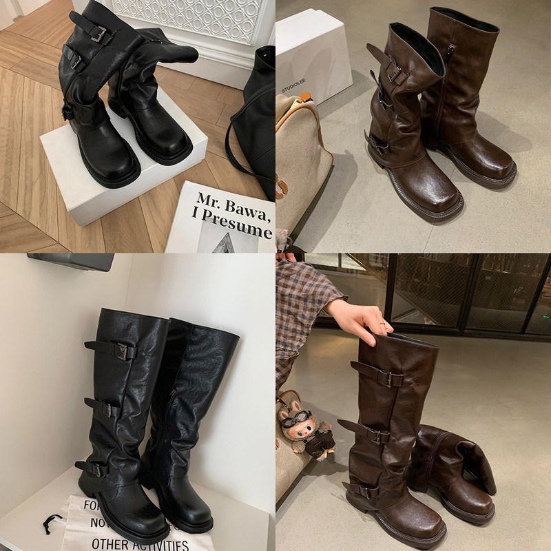 澜柜 内增高6cm~时髦皮带扣长筒靴方圆头褶皱中筒骑士靴女秋款|undefined
