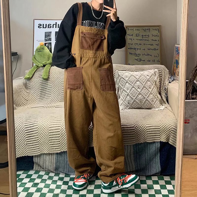 Japanese Retro Orange and Brown Color-Blocking Unisex Overalls for Men, Reversible Couple's Loose Straight Cargo Pants, Men's In-Stock