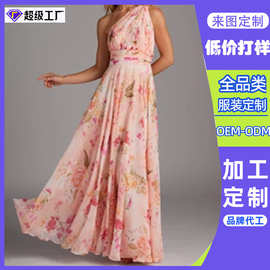 东莞虎门工厂定制跨境女士抽象花束花朵伴娘礼服晚会夏季连衣裙