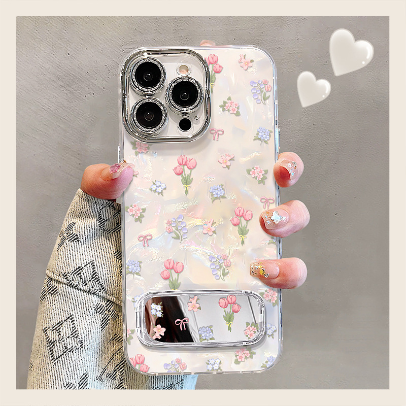 Tulip Mirror Stand Suitable for Apple 16 Shell Pattern Phone Case 17 Promax Fresh Style 15 High-End Feel 14