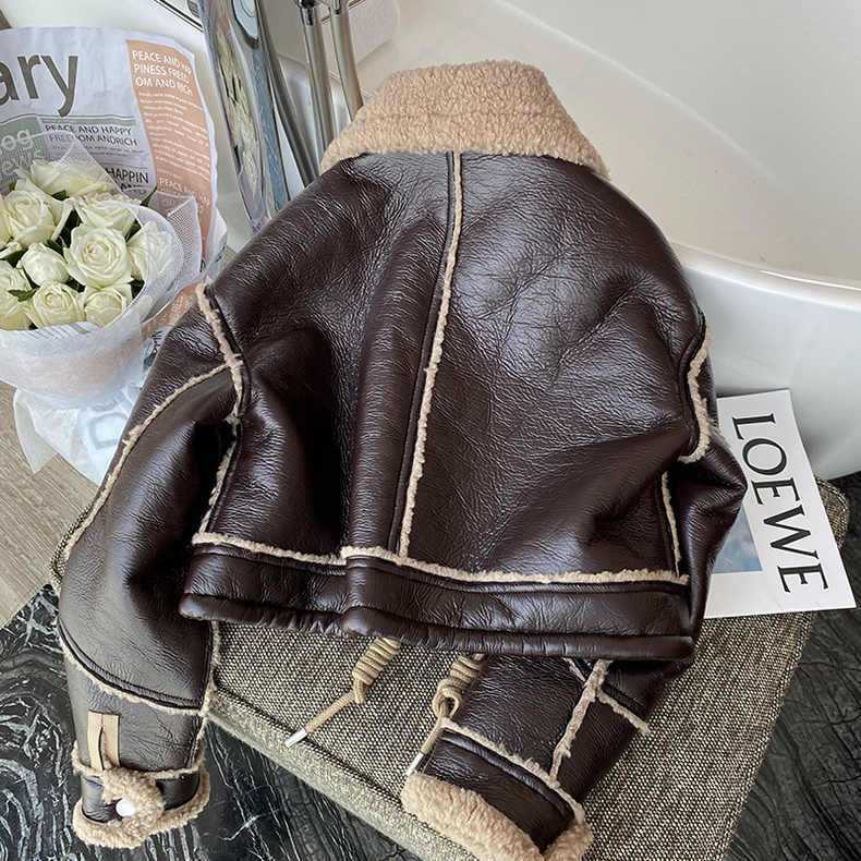 Brown Lambskin Fur Outwear for Women in Autumn and Winter Thickeneded and Velvet Spliced Short Fur All-In-One Fashionable Motorcycle Jacket