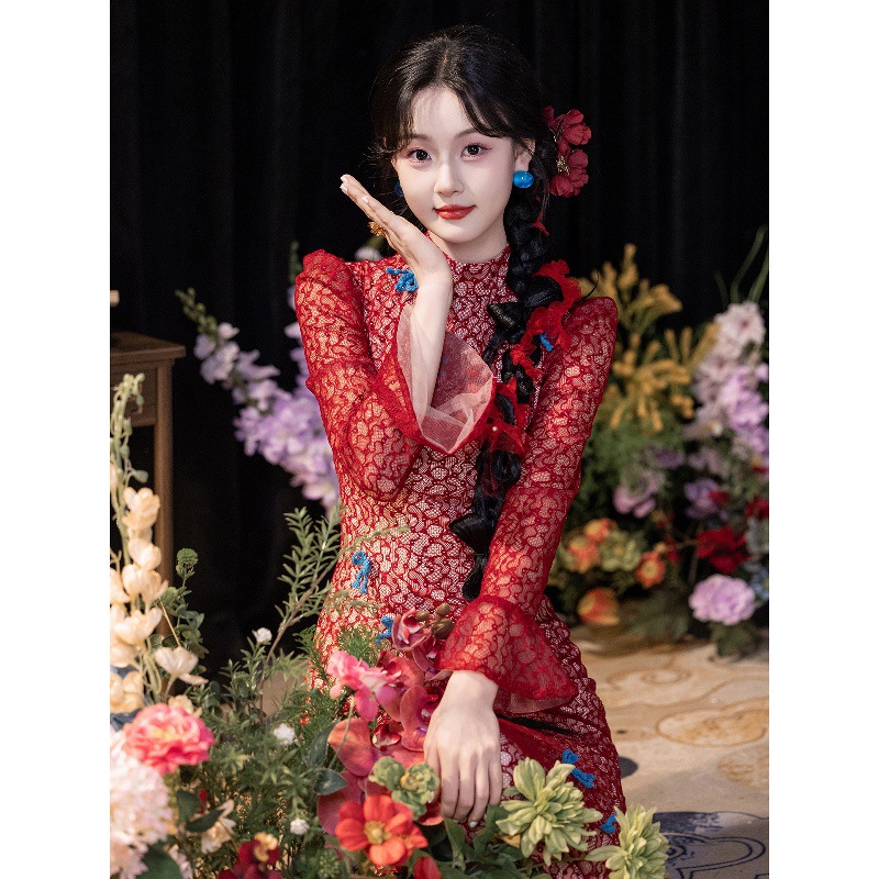 Red Toast Dress, Bride's Cheongsam, New Chinese Style Engagement Dress, Wedding Long-Sleeved Dress, Dignified and Beautiful Fishtail Dress for Women