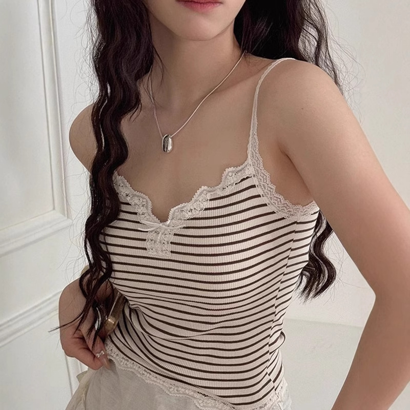 Bow Lace Stitching Striped Camisole Women's Outer Wearing Summer Belt Chest Pad Beautiful Back Bra One-piece Inner Top