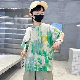 男童短袖t恤2025新款中大童夏季薄款男孩炸街儿童夏装体恤扎染潮T