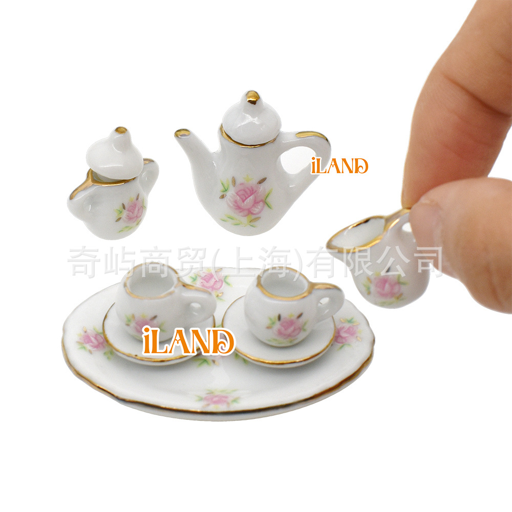 DOLLHOUSE 娃娃屋儿童过家家玩具套装 迷你陶瓷粉彩玫瑰8头瓷茶具