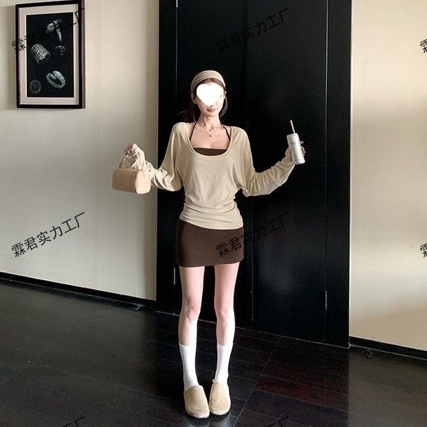 纯欲套装秋季新款百搭长袖T恤内搭吊带背心女包臀半身裙三件套女|undefined