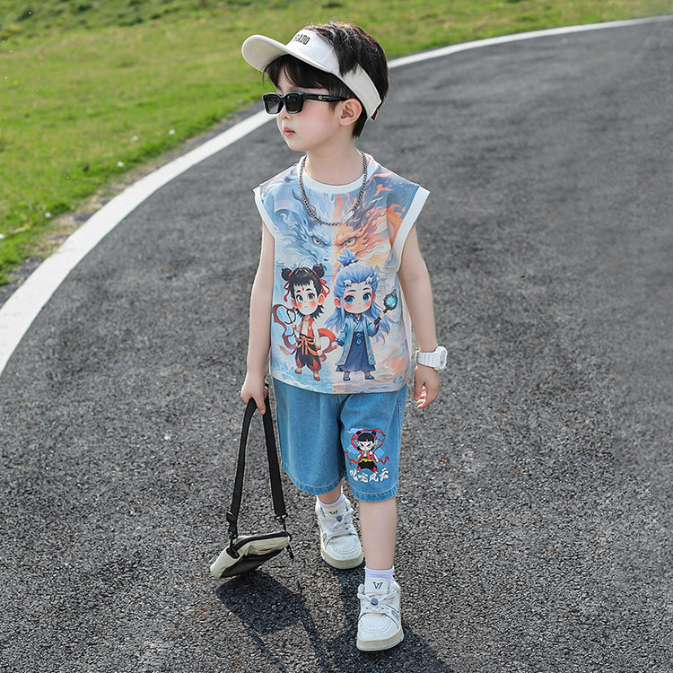 8197 Nezha traje sin mangas de verano para niños 2025 nuevo chaleco delgado de moda para niños de dos piezas para bebés