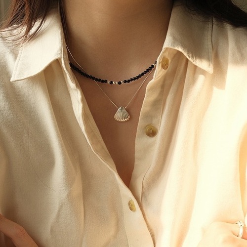 925 silver Korean blogger fever the same natural black agate stone beaded necklace fashionable and versatile stacked collarbone chain