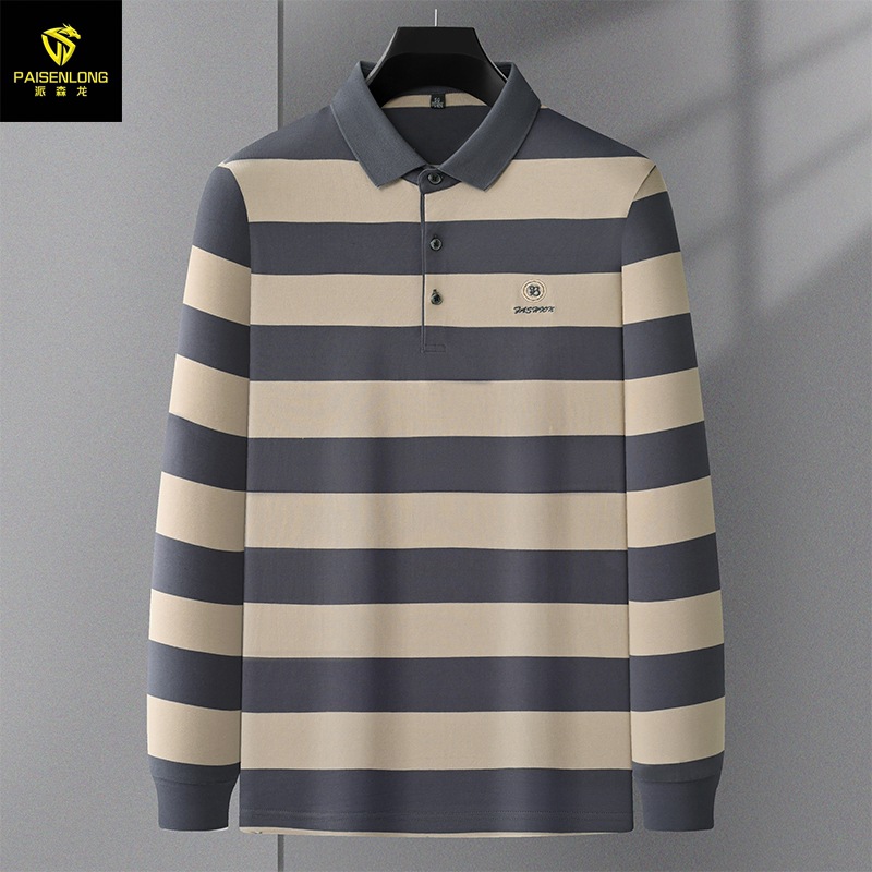 派森龙中年长袖T恤男士翻领条纹爸爸秋装新款针织男士polo上衣