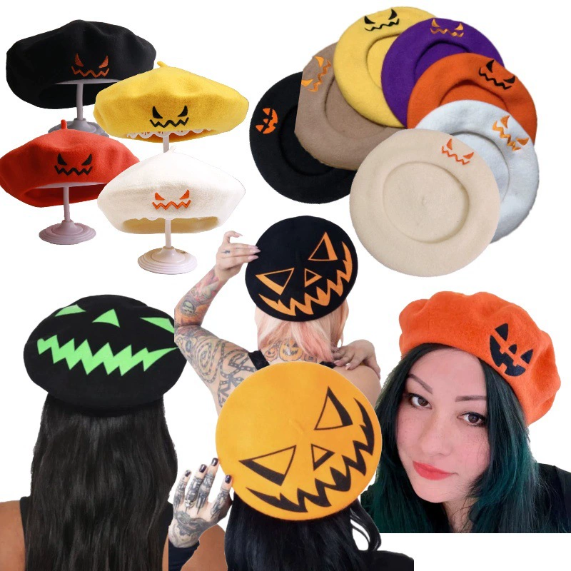 2025 весна и лето новый берет женский Хэллоуин тыквенная шляпа праздничная вечеринка одеваются шерстяные шапки с вышивкой оптом