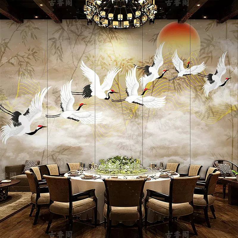 爆款新中式背景墙纸饭店包间墙面装饰仙鹤壁画高级感墙布现代轻奢