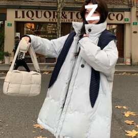 设计感撞色翻领羽绒服女中长款90白鸭绒厚外套韩系图片色针织面料