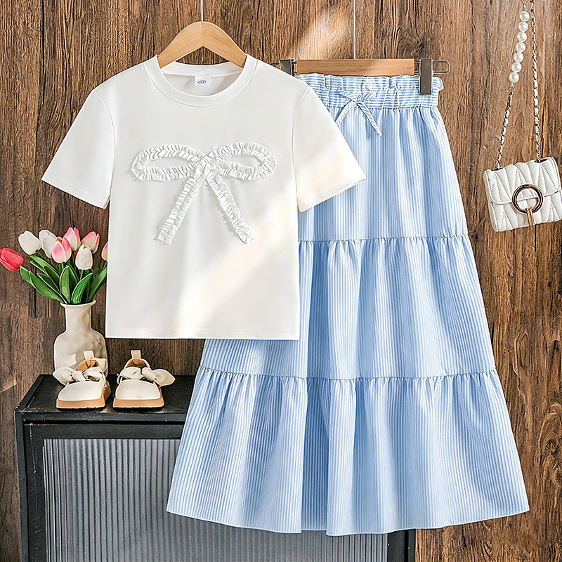 Niñas y niños grandes trajes transfronterizos dulces y frescos de color sólido mangas cortas casuales de cintura alta capa de falda de cintura grande dos piezas