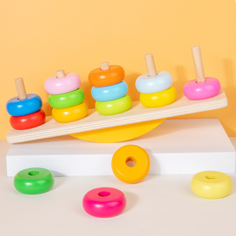 Número de madera cuentas anillo de la educación temprana para niños pequeños iluminación rompecabezas torre arco iris apilar juguetes de reducción de estrés interactivo ocio