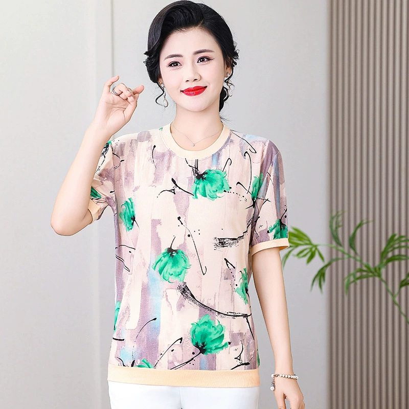 Летняя футболка с короткими рукавами для мамы, стильная рубашка с круглым вырезом, модный тонкий топ с цветочным принтом для свекрови 2025 года.